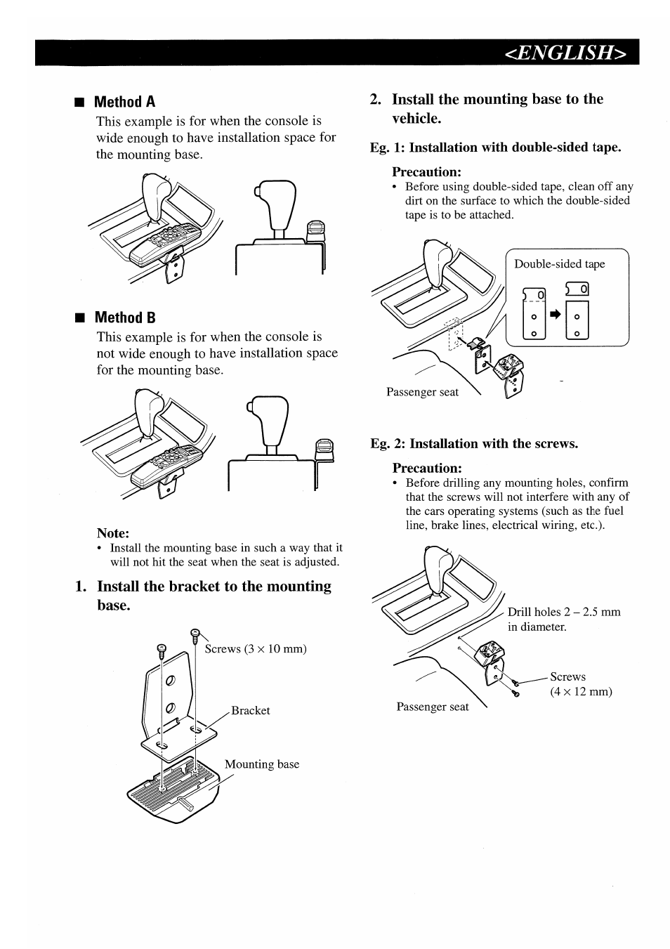 Method a, Method b, Note | Install the bracket to the mounting base, Install the mounting base to the vehicle, Eg. 2: installation with the screws, English | Pioneer AVM-P7000R User Manual | Page 13 / 25
