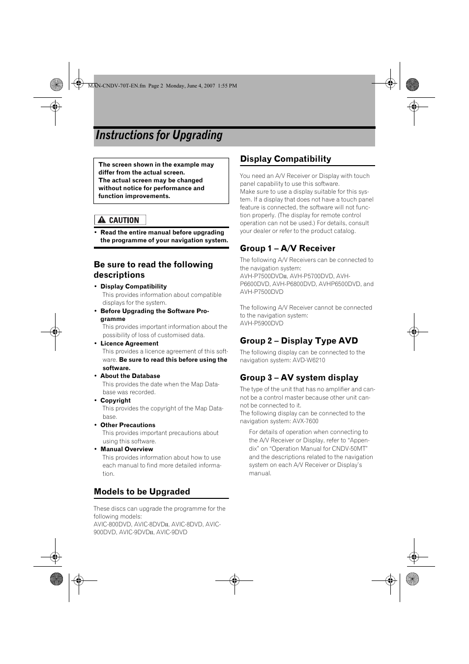Instructions for upgrading, Be sure to read the following descriptions, Models to be upgraded | Display compatibility, Group 1 – a/v receiver, Group 2 – display type avd, Group 3 – av system display | Pioneer CNDV-70T User Manual | Page 2 / 16