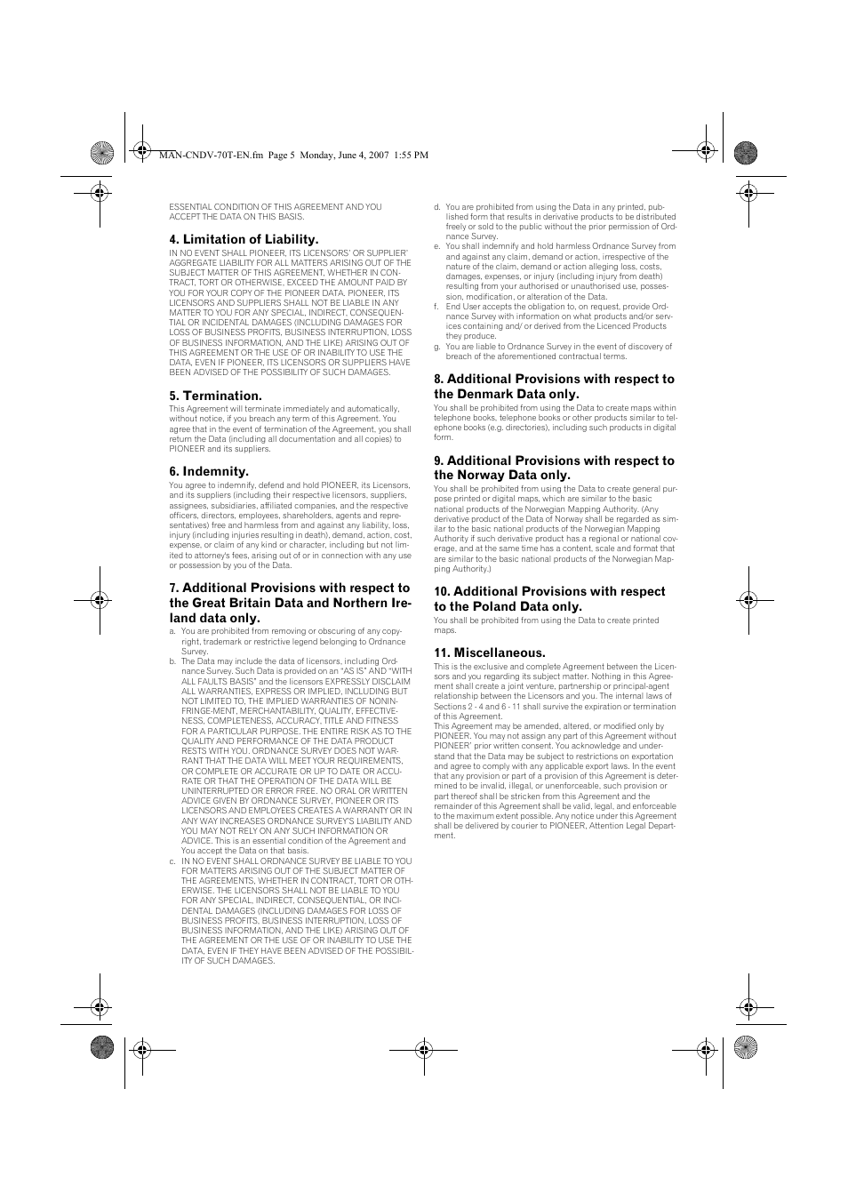 Limitation of liability, Termination, Indemnity | Miscellaneous | Pioneer CNDV-70T User Manual | Page 5 / 16