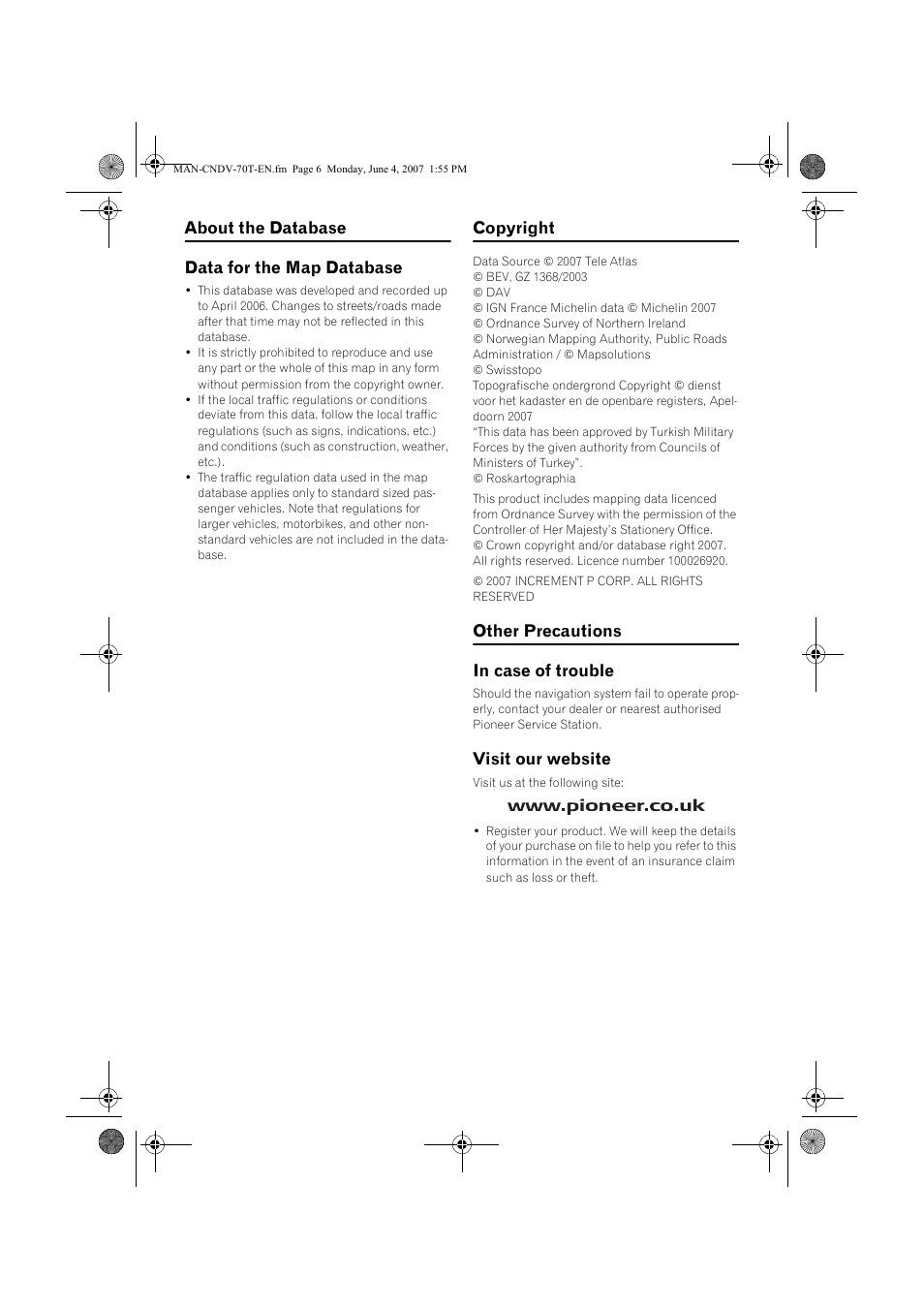 About the database data for the map database, Copyright, Other precautions in case of trouble | Visit our website | Pioneer CNDV-70T User Manual | Page 6 / 16