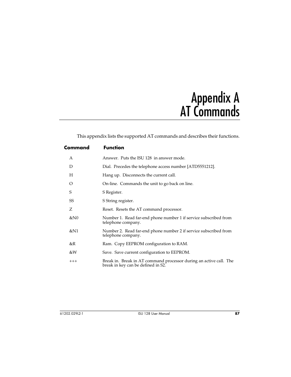 Appendix a at commands | ADTRAN ISU 128 User Manual | Page 102 / 152