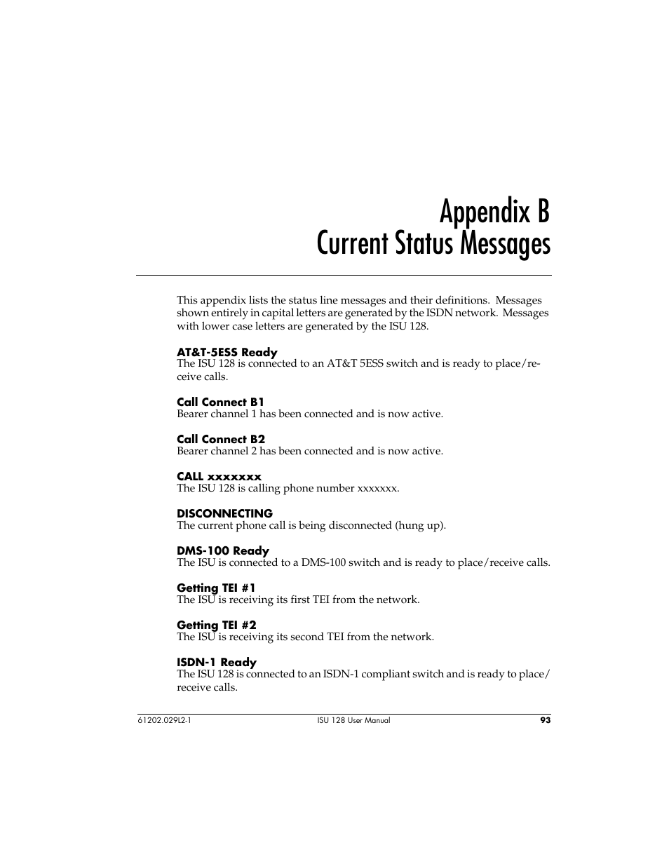 Appendix b current status messages | ADTRAN ISU 128 User Manual | Page 108 / 152