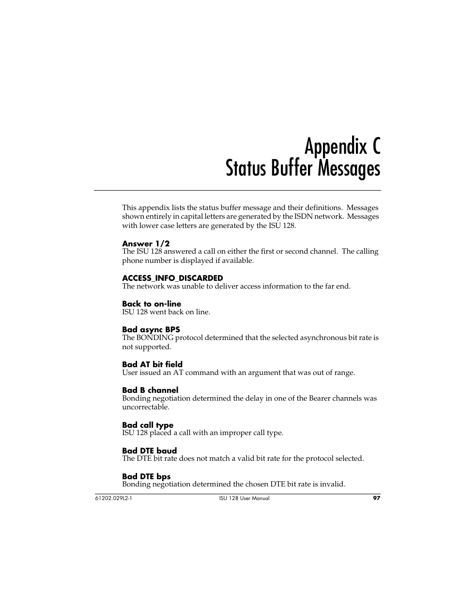 Appendix c status buffer messages | ADTRAN ISU 128 User Manual | Page 112 / 152