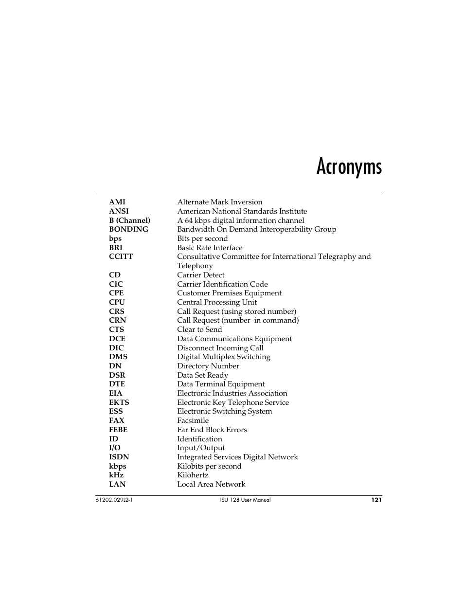 Acronyms | ADTRAN ISU 128 User Manual | Page 136 / 152