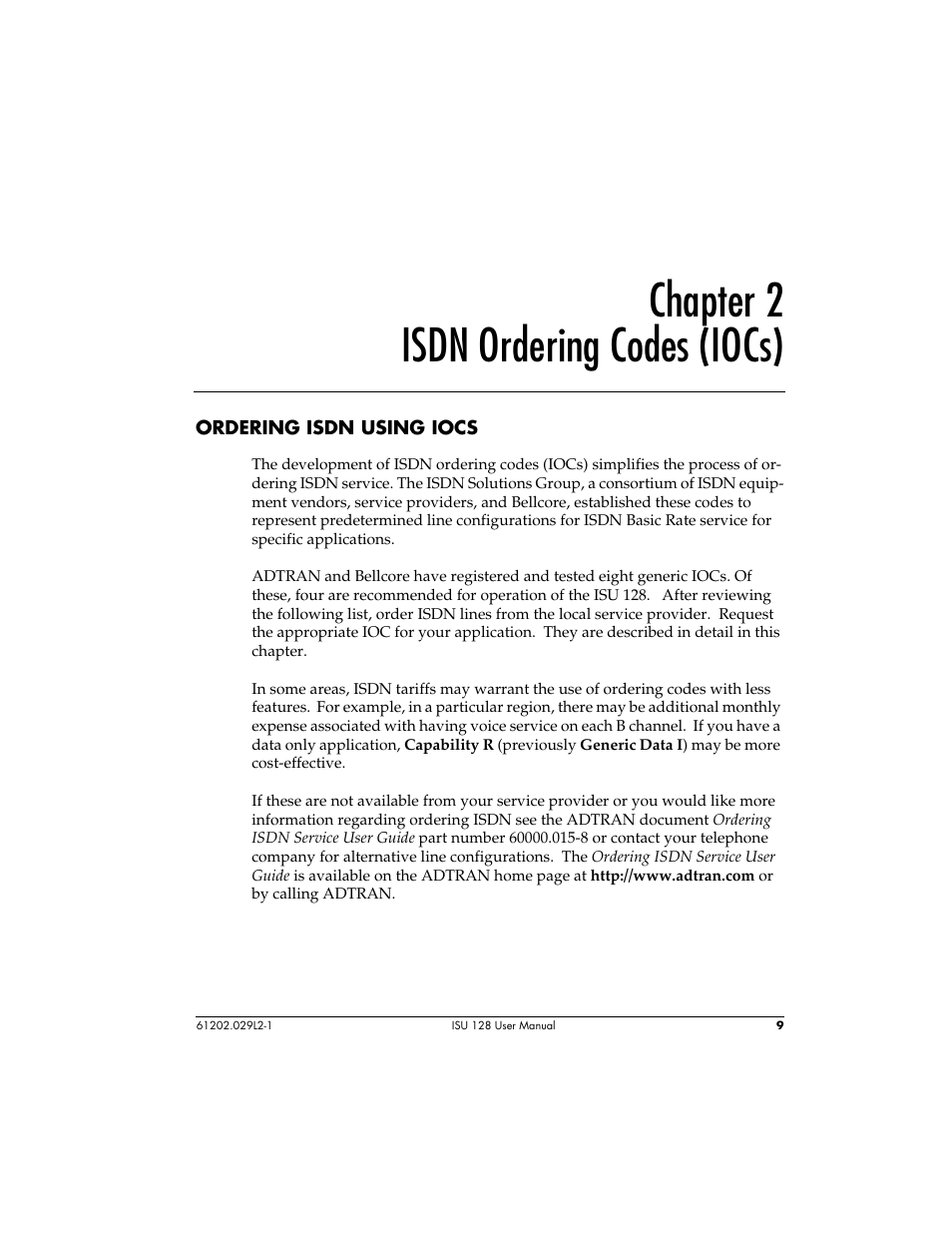 Chapter 2 isdn ordering codes (iocs) | ADTRAN ISU 128 User Manual | Page 24 / 152