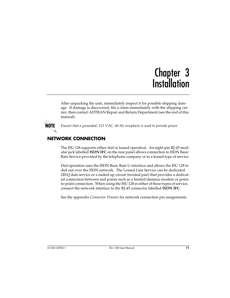 Chapter 3 installation | ADTRAN ISU 128 User Manual | Page 26 / 152