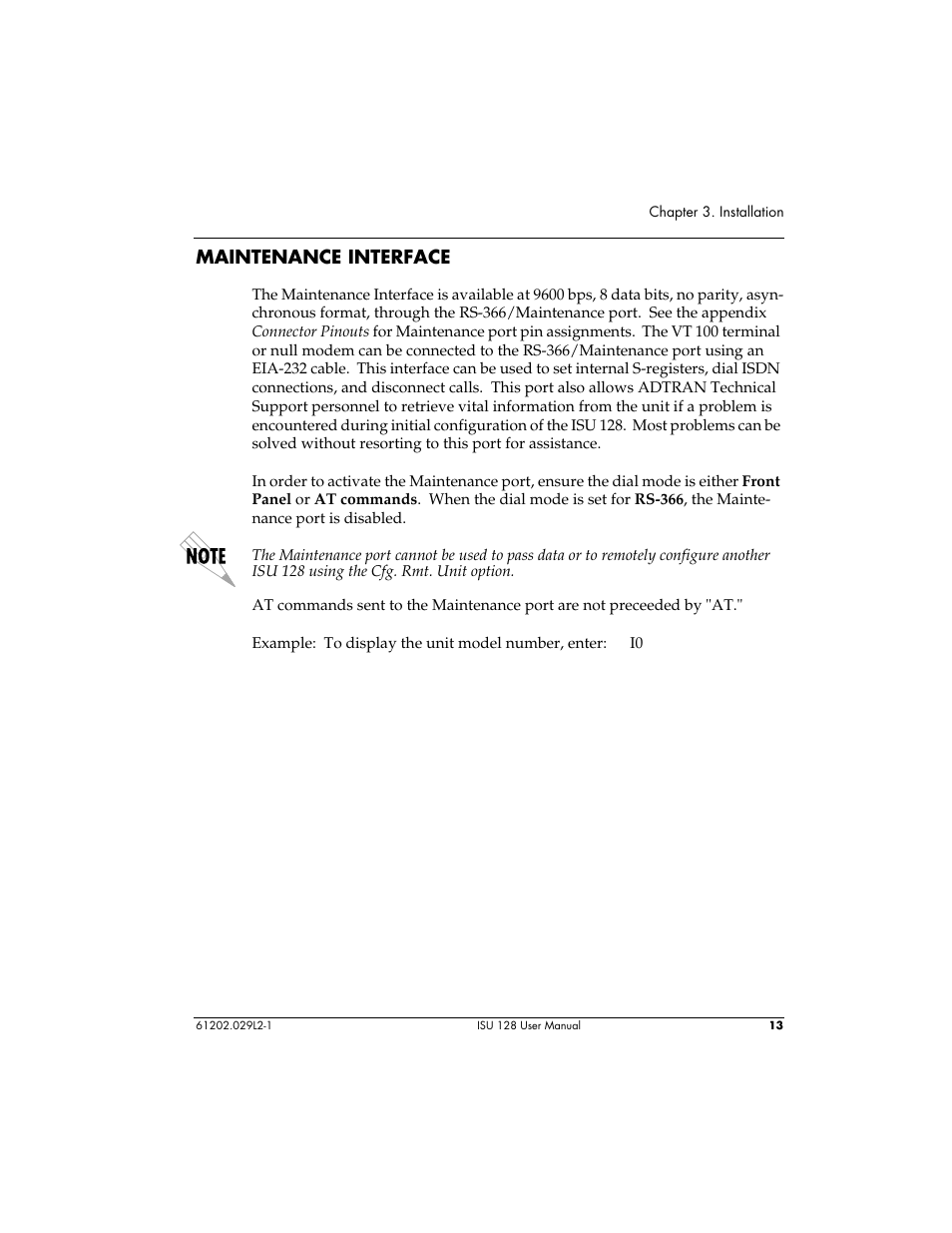 Maintenance interface | ADTRAN ISU 128 User Manual | Page 28 / 152