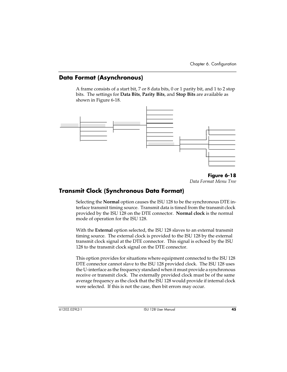 Data format (asynchronous), Transmit clock (synchronous data format) | ADTRAN ISU 128 User Manual | Page 60 / 152