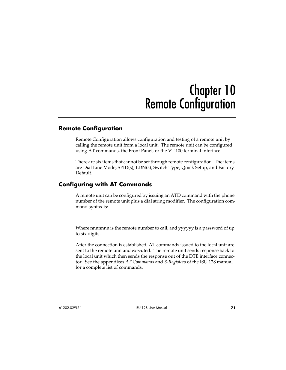 Chapter 10 remote configuration | ADTRAN ISU 128 User Manual | Page 86 / 152