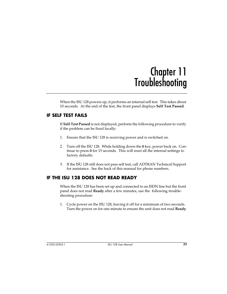 Chapter 11 troubleshooting | ADTRAN ISU 128 User Manual | Page 92 / 152