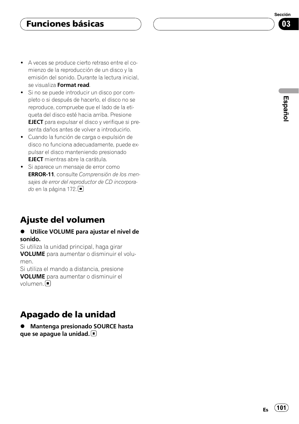 Ajuste del volumen, Apagado de la unidad, Funciones básicas | Pioneer DEH-P88RS-II User Manual | Page 101 / 180