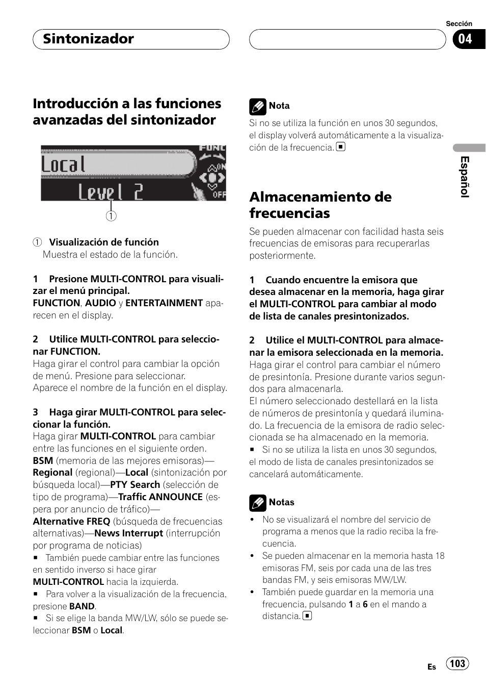 Introducción a las funciones avanzadas del, Sintonizador, Almacenamiento de frecuencias | Pioneer DEH-P88RS-II User Manual | Page 103 / 180