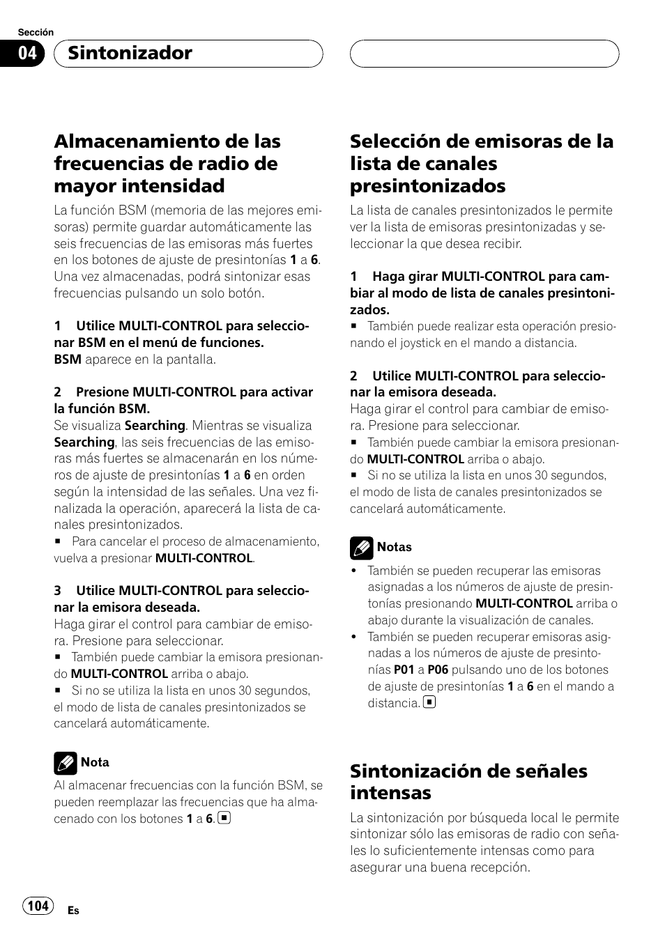 Almacenamiento de las frecuencias de radio, De mayor intensidad, Selección de emisoras de la lista de canales | Presintonizados, Sintonización de señales intensas, Sintonizador | Pioneer DEH-P88RS-II User Manual | Page 104 / 180