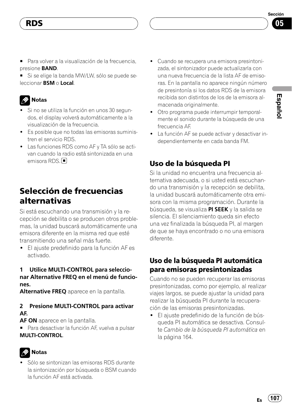 Selección de frecuencias alternativas, Uso de la búsqueda pi 107, Uso de la búsqueda pi automática para | Emisoras presintonizadas, Uso de la búsqueda pi | Pioneer DEH-P88RS-II User Manual | Page 107 / 180