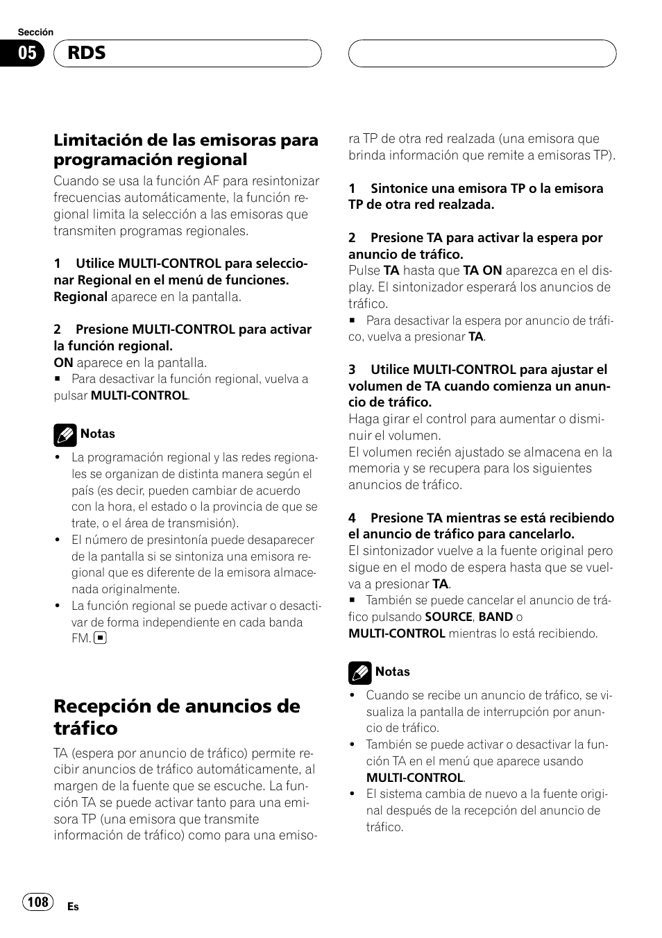 Limitación de las emisoras para, Programación regional, Recepción de anuncios de tráfico | Pioneer DEH-P88RS-II User Manual | Page 108 / 180