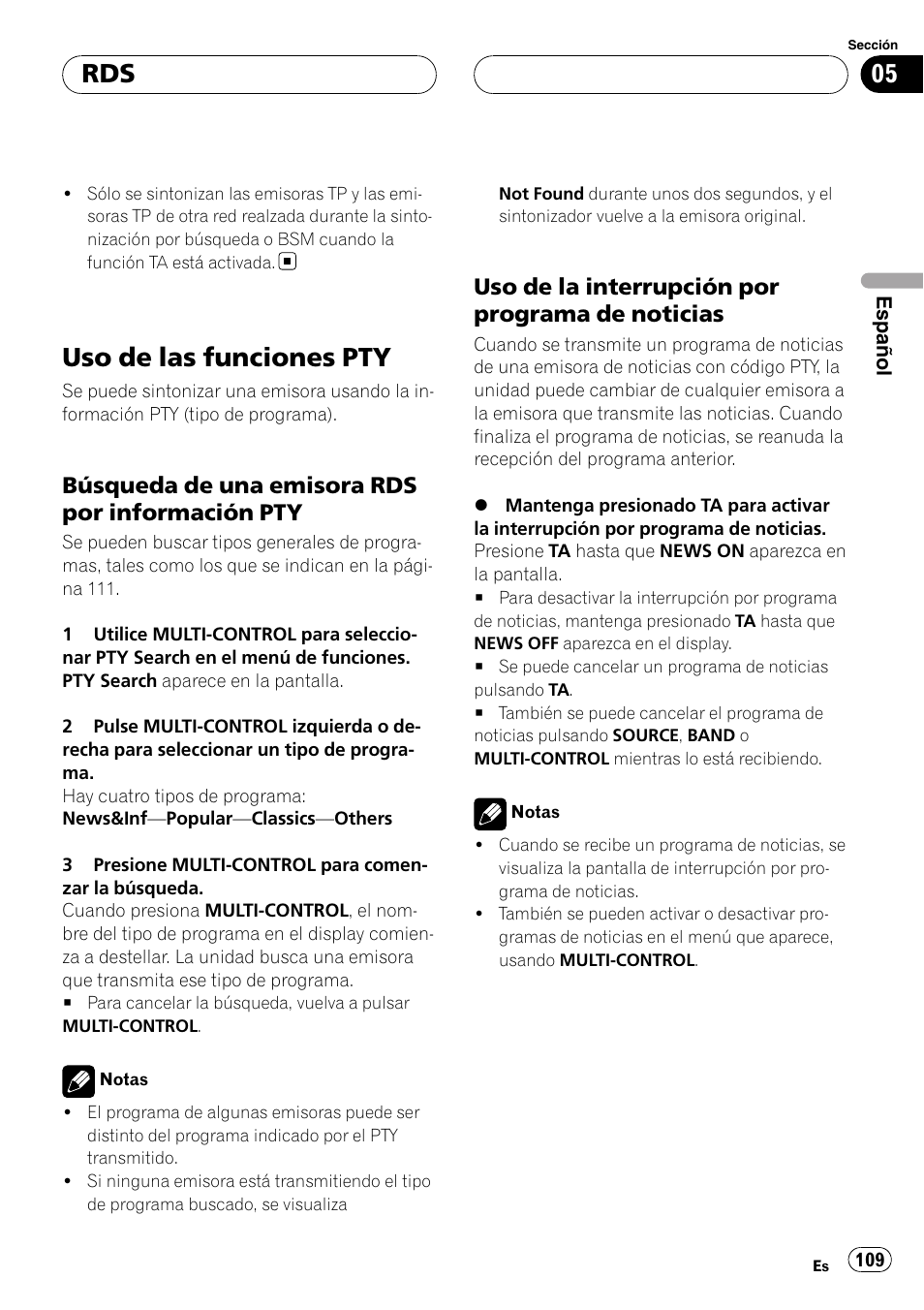 Uso de las funciones pty, Búsqueda de una emisora rds por, Información pty | Uso de la interrupción por programa de, Noticias, Búsqueda de una emisora rds por información pty, Uso de la interrupción por programa de noticias | Pioneer DEH-P88RS-II User Manual | Page 109 / 180
