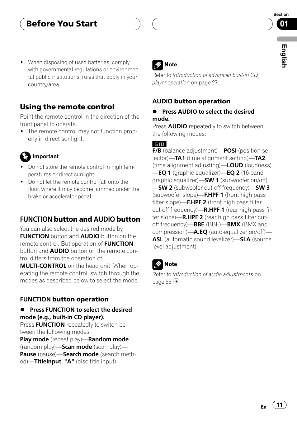 Using the remote control 11, Function button and audio, Button | Before you start, Using the remote control, Function button and audio button | Pioneer DEH-P88RS-II User Manual | Page 11 / 180