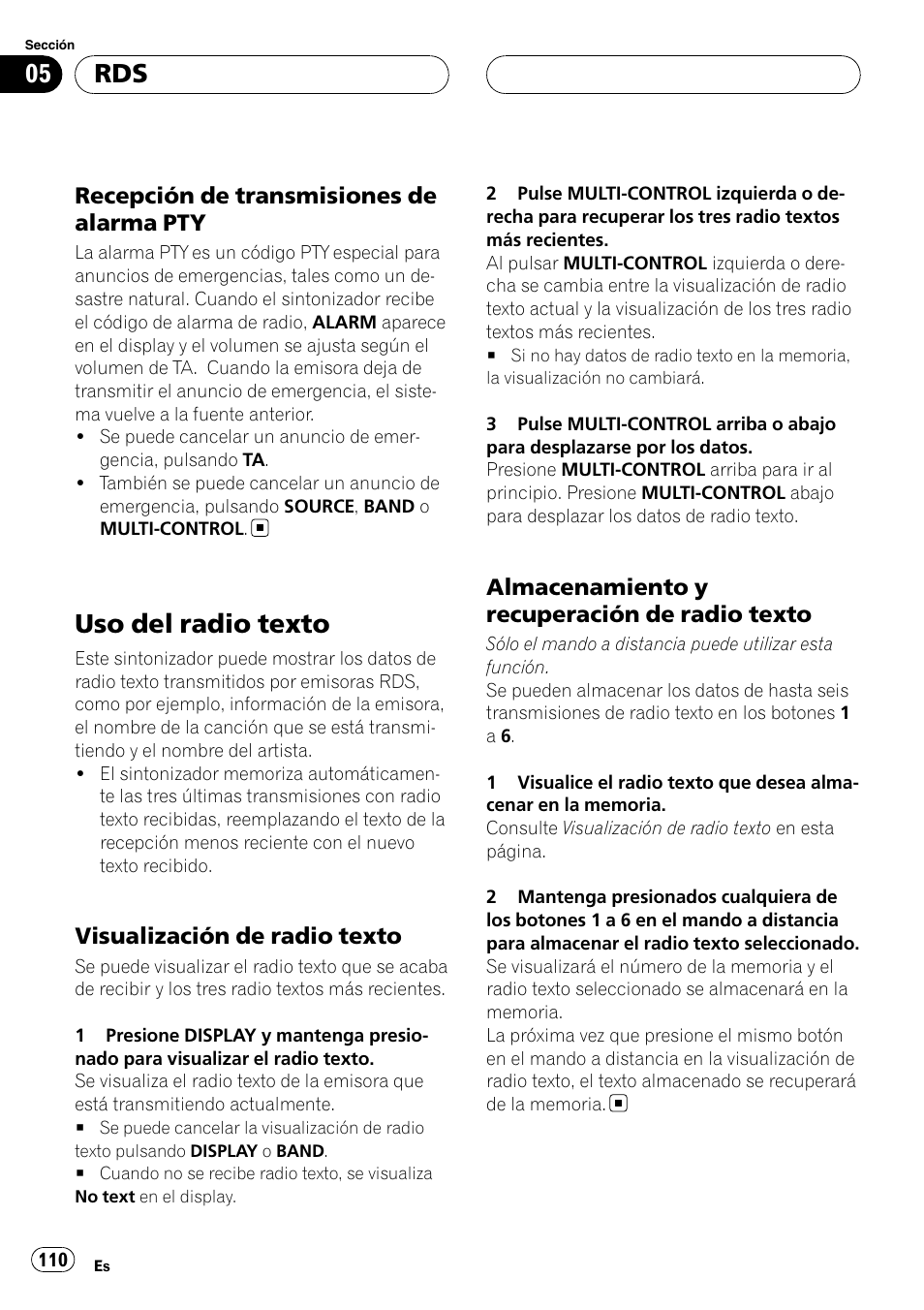 Recepción de transmisiones de alarma, Uso del radio texto, Visualización de radio texto 110 | Almacenamiento y recuperación de, Radio texto, Recepción de transmisiones de alarma pty, Visualización de radio texto, Almacenamiento y recuperación de radio texto | Pioneer DEH-P88RS-II User Manual | Page 110 / 180