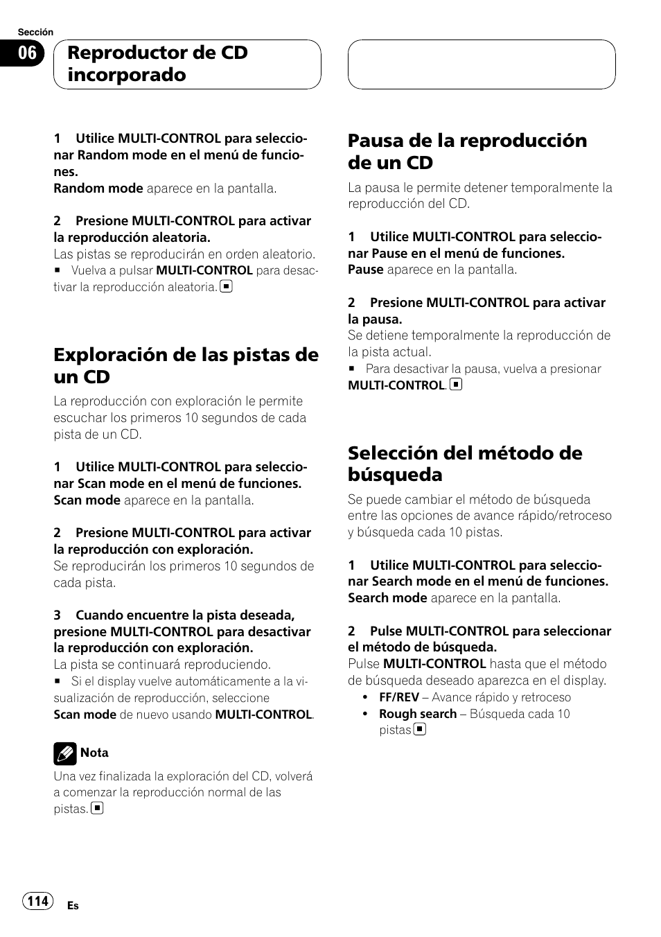 Exploración de las pistas de un cd, Pausa de la reproducción de un cd, Selección del método de búsqueda | Reproductor de cd incorporado | Pioneer DEH-P88RS-II User Manual | Page 114 / 180