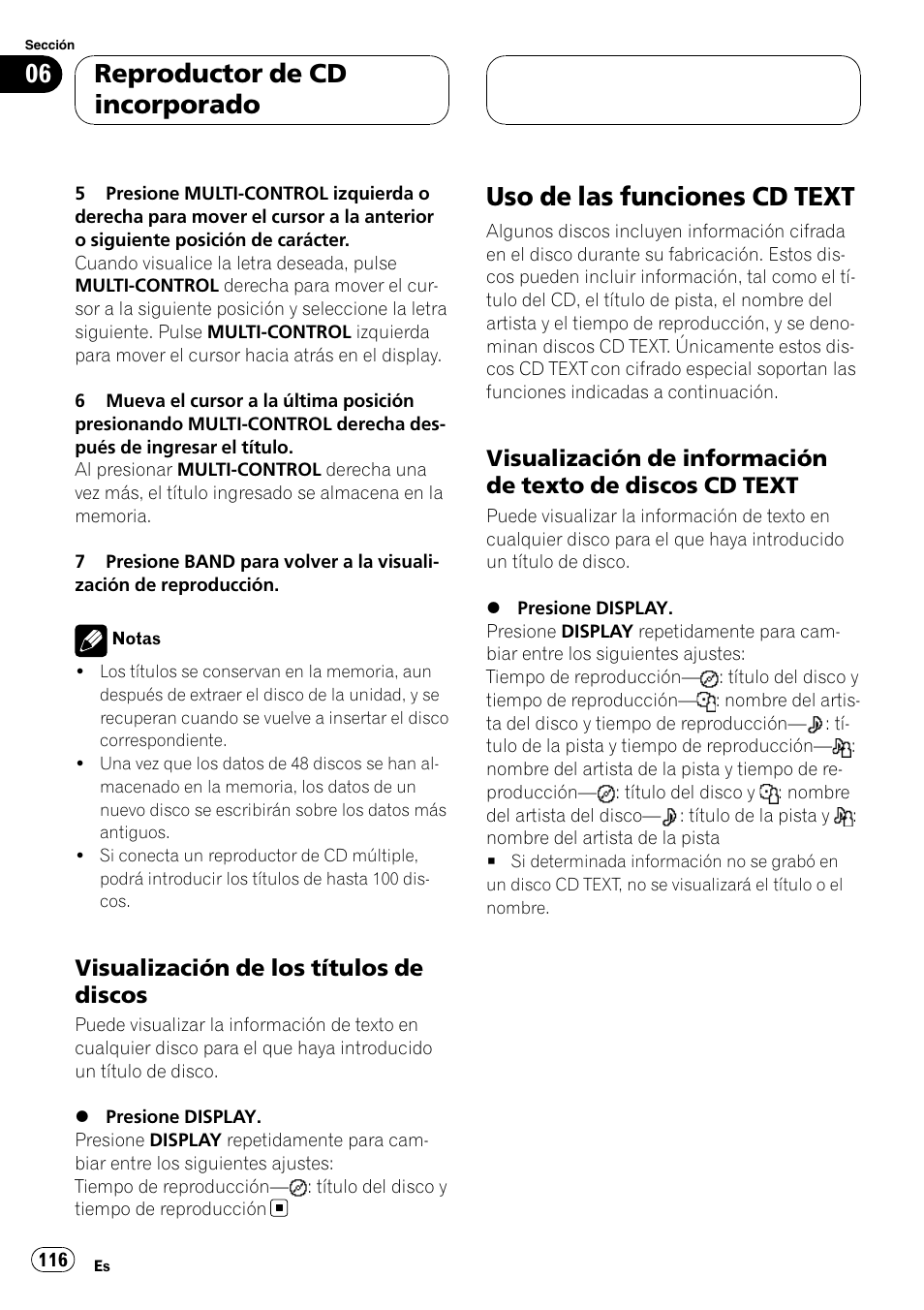 Visualización de los títulos de, Discos, Uso de las funciones cd text | Visualización de información de texto, De discos cd text, Reproductor de cd incorporado, Visualización de los títulos de discos | Pioneer DEH-P88RS-II User Manual | Page 116 / 180