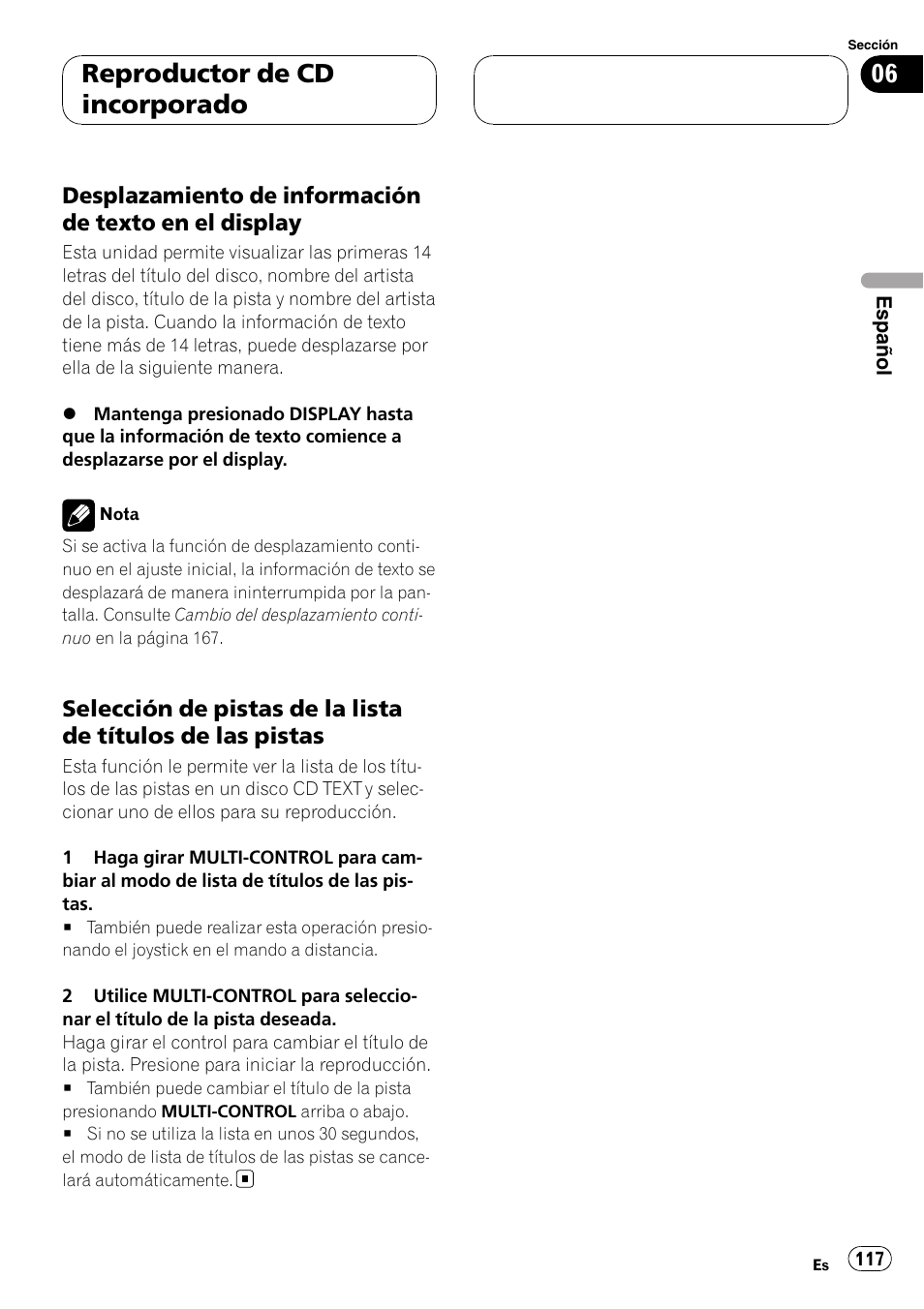 Desplazamiento de información de, Texto en el display, Selección de pistas de la lista de títulos | De las pistas, Reproductor de cd incorporado | Pioneer DEH-P88RS-II User Manual | Page 117 / 180