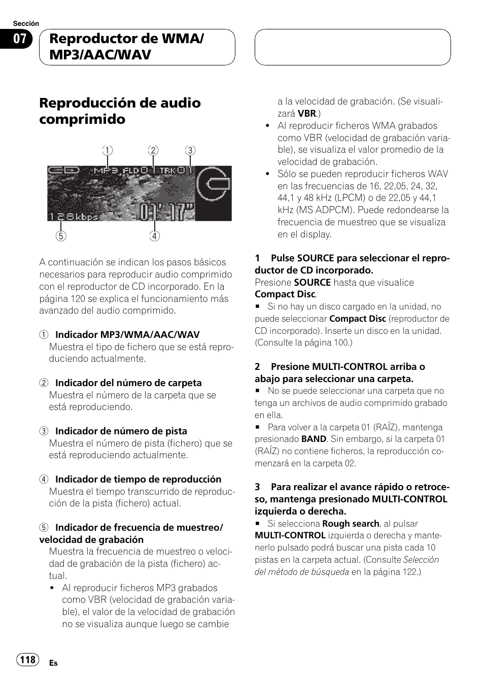 Reproducción de audio comprimido, Reproductor de wma/ mp3/aac/wav | Pioneer DEH-P88RS-II User Manual | Page 118 / 180