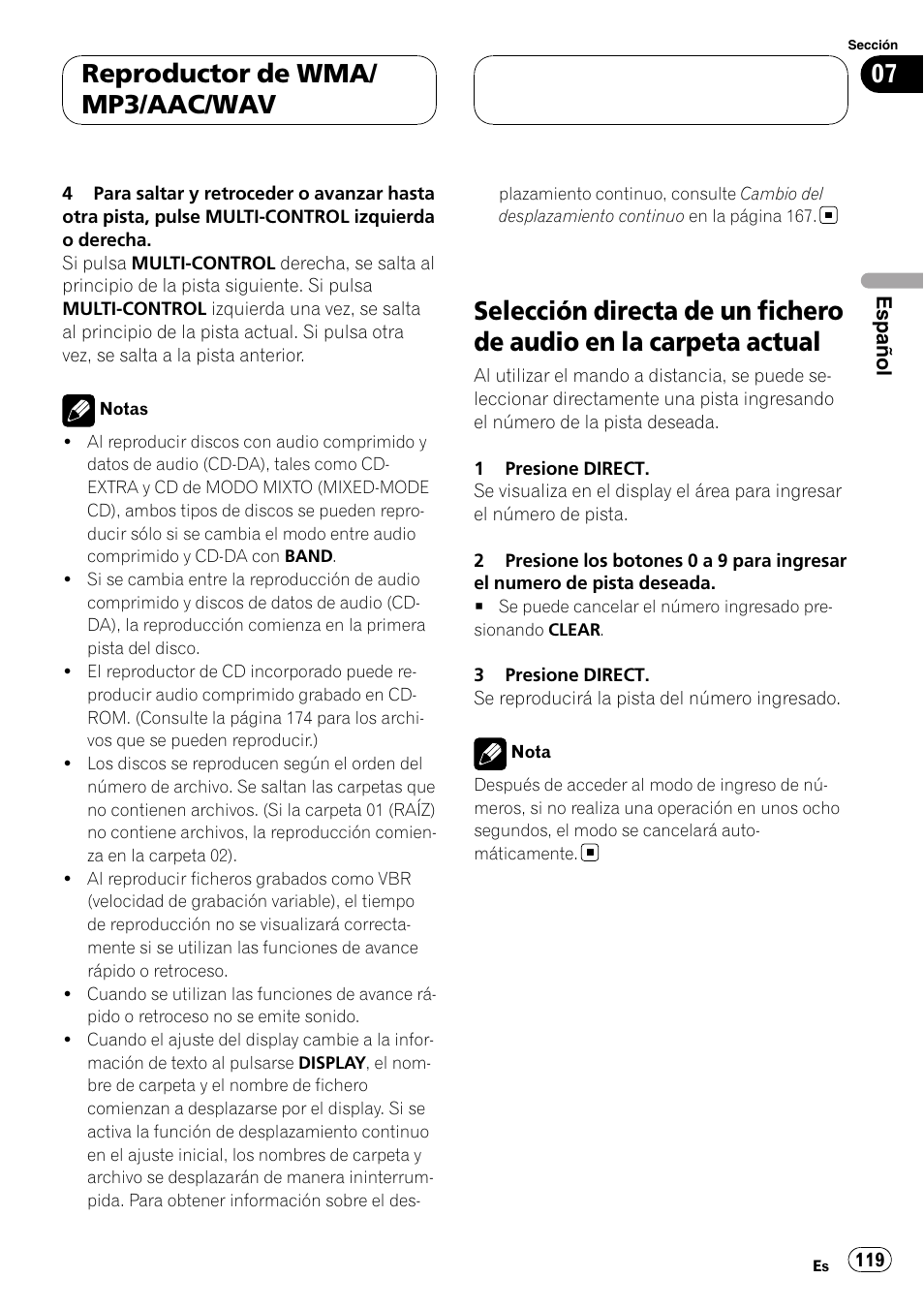 Selección directa de un fichero de audio en, La carpeta actual, Reproductor de wma/ mp3/aac/wav | Pioneer DEH-P88RS-II User Manual | Page 119 / 180