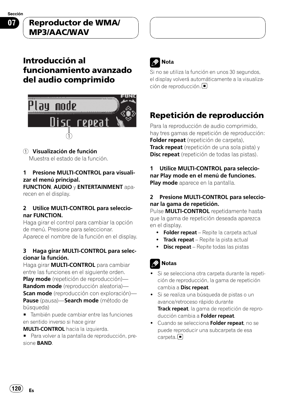 Introducción al funcionamiento avanzado del, Audio comprimido, Repetición de reproducción | Reproductor de wma/ mp3/aac/wav | Pioneer DEH-P88RS-II User Manual | Page 120 / 180