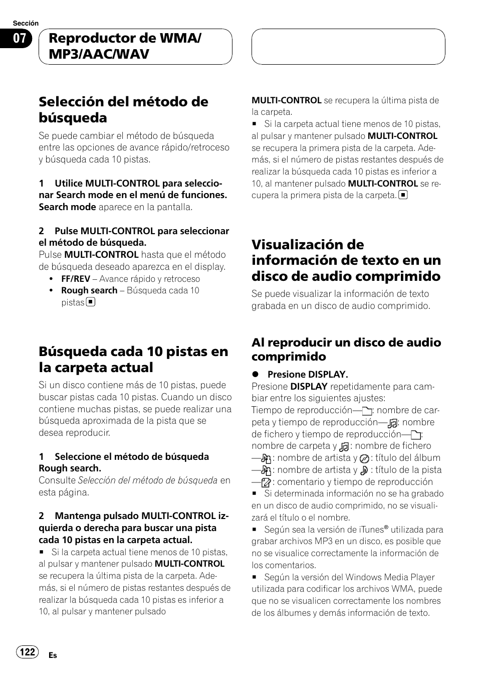 Selección del método de búsqueda, Búsqueda cada 10 pistas en la carpeta, Actual | Visualización de información de texto en un, Disco de audio comprimido, Al reproducir un disco de audio, Comprimido, Búsqueda cada 10 pistas en la carpeta actual, Reproductor de wma/ mp3/aac/wav, Al reproducir un disco de audio comprimido | Pioneer DEH-P88RS-II User Manual | Page 122 / 180