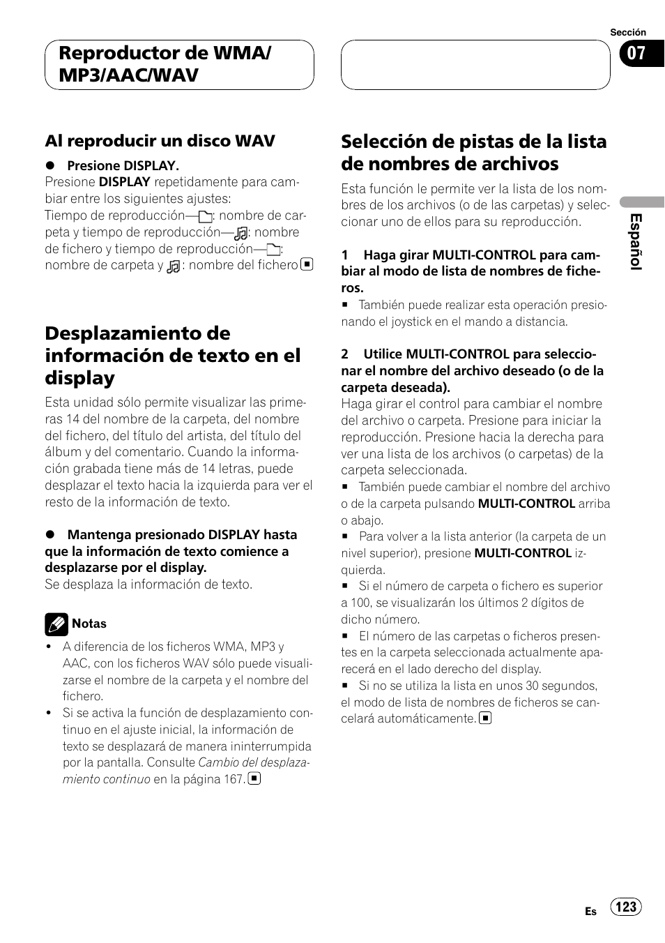 Al reproducir un disco wav 123, Desplazamiento de información de texto en, El display | Selección de pistas de la lista de nombres de, Archivos, Reproductor de wma/ mp3/aac/wav, Al reproducir un disco wav | Pioneer DEH-P88RS-II User Manual | Page 123 / 180