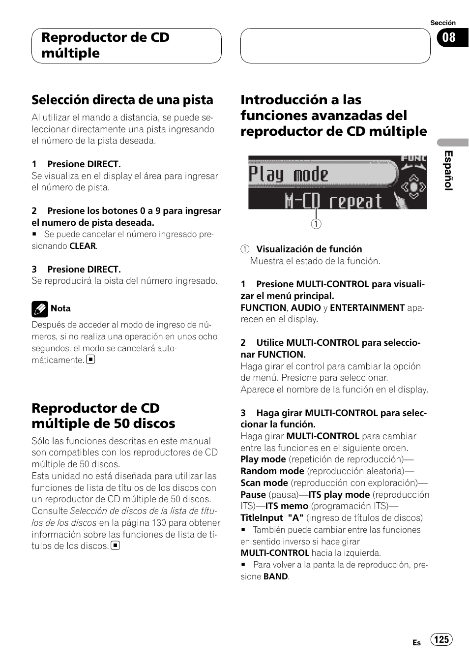 Selección directa de una pista, Reproductor de cd múltiple de 50, Discos | Introducción a las funciones avanzadas del, Reproductor de cd múltiple, Reproductor de cd múltiple de 50 discos | Pioneer DEH-P88RS-II User Manual | Page 125 / 180