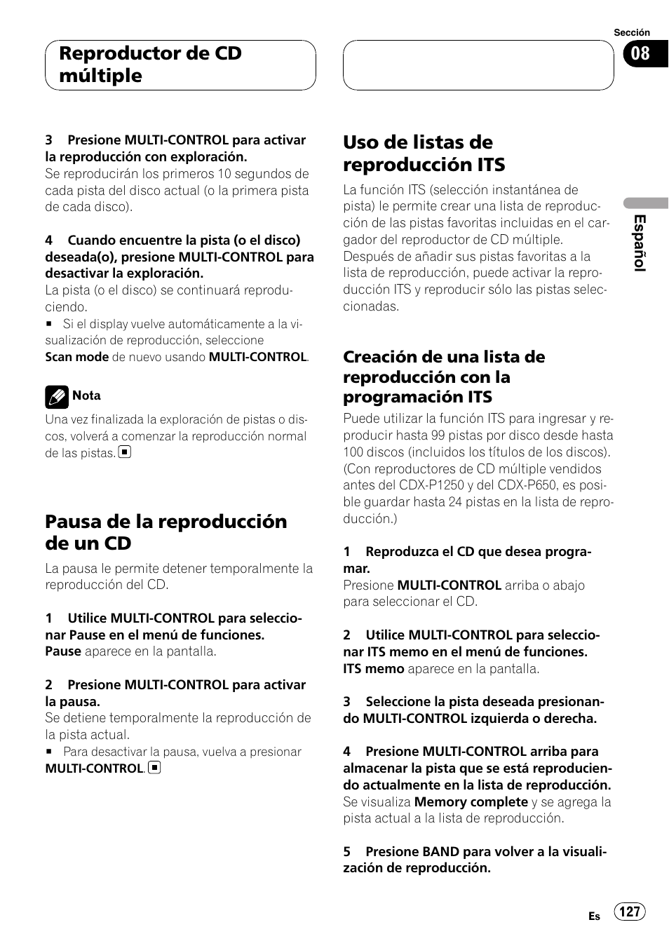 Pausa de la reproducción de un cd, Uso de listas de reproducción its, Creación de una lista de reproducción | Con la programación its, Reproductor de cd múltiple | Pioneer DEH-P88RS-II User Manual | Page 127 / 180