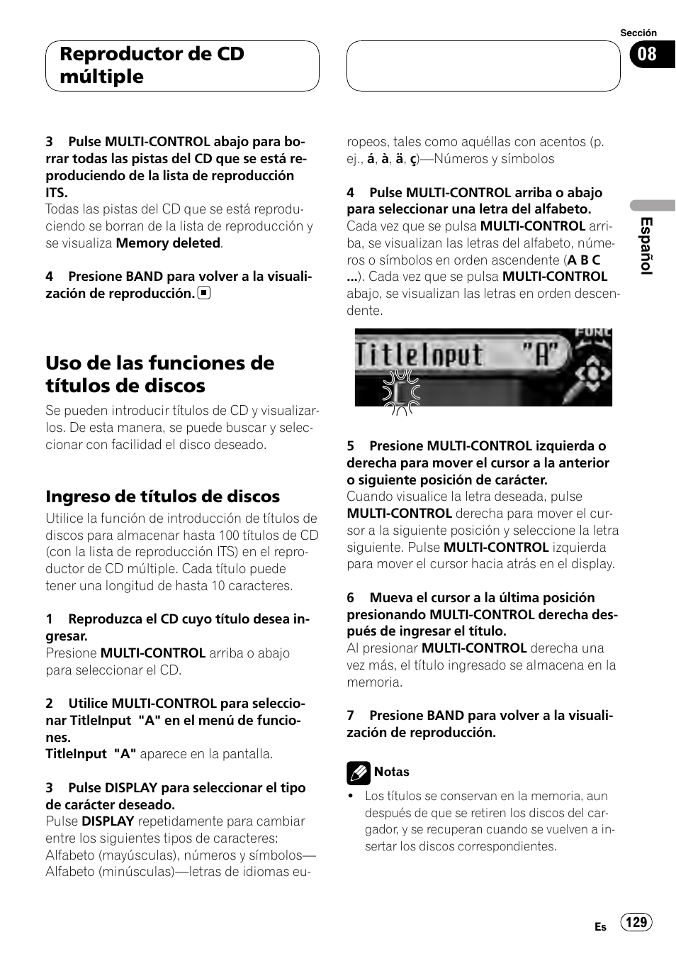 Uso de las funciones de títulos de, Discos, Ingreso de títulos de discos 129 | Uso de las funciones de títulos de discos, Reproductor de cd múltiple, Ingreso de títulos de discos | Pioneer DEH-P88RS-II User Manual | Page 129 / 180
