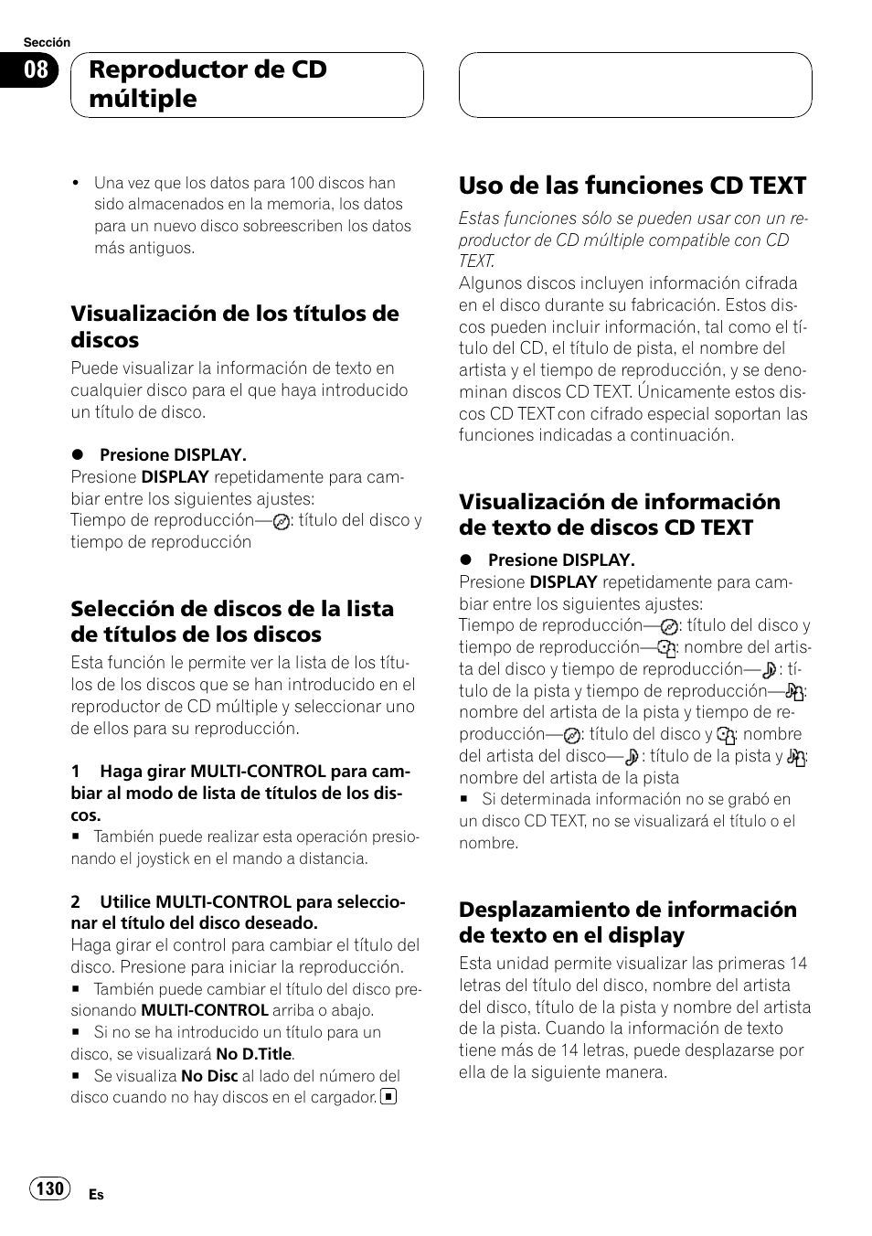 Visualización de los títulos de, Discos, Selección de discos de la lista de | Títulos de los discos, Uso de las funciones cd text, Visualización de información de texto, De discos cd text, Desplazamiento de información de, Texto en el display, Reproductor de cd múltiple | Pioneer DEH-P88RS-II User Manual | Page 130 / 180