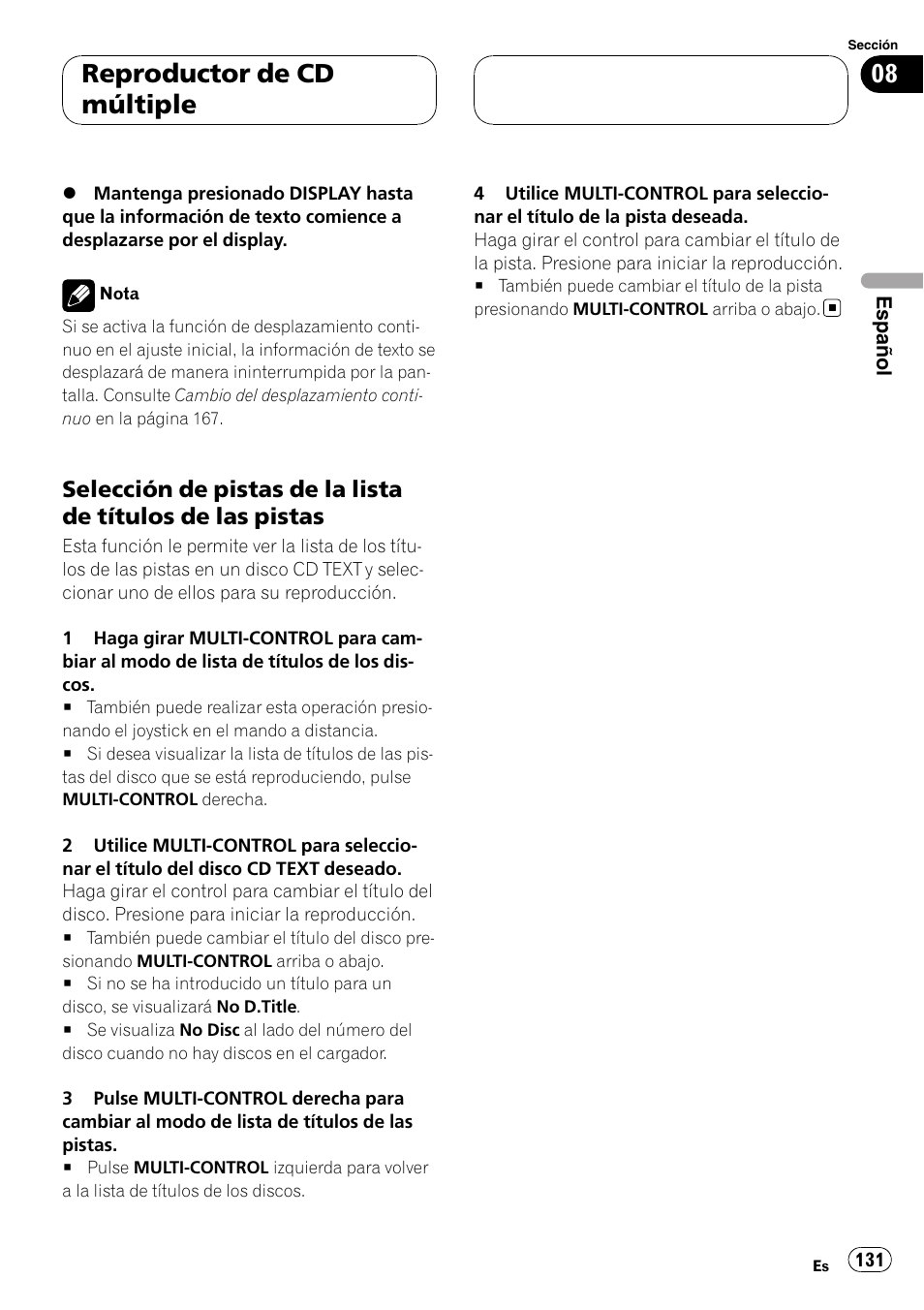 Selección de pistas de la lista de títulos, De las pistas, Reproductor de cd múltiple | Pioneer DEH-P88RS-II User Manual | Page 131 / 180
