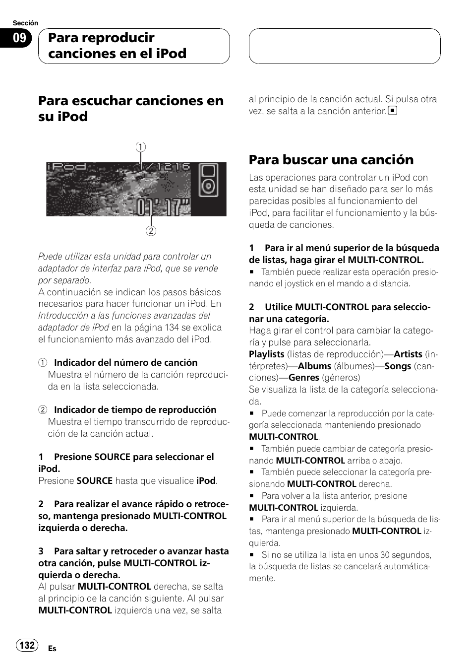 Para buscar una canción, Para escuchar canciones en su ipod, Para reproducir canciones en el ipod | Pioneer DEH-P88RS-II User Manual | Page 132 / 180