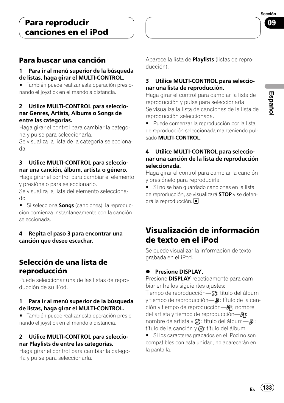 Para buscar una canción 133, Selección de una lista de, Reproducción | Visualización de información de texto en el, Ipod, Visualización de información de texto en el ipod, Para reproducir canciones en el ipod, Para buscar una canción, Selección de una lista de reproducción | Pioneer DEH-P88RS-II User Manual | Page 133 / 180