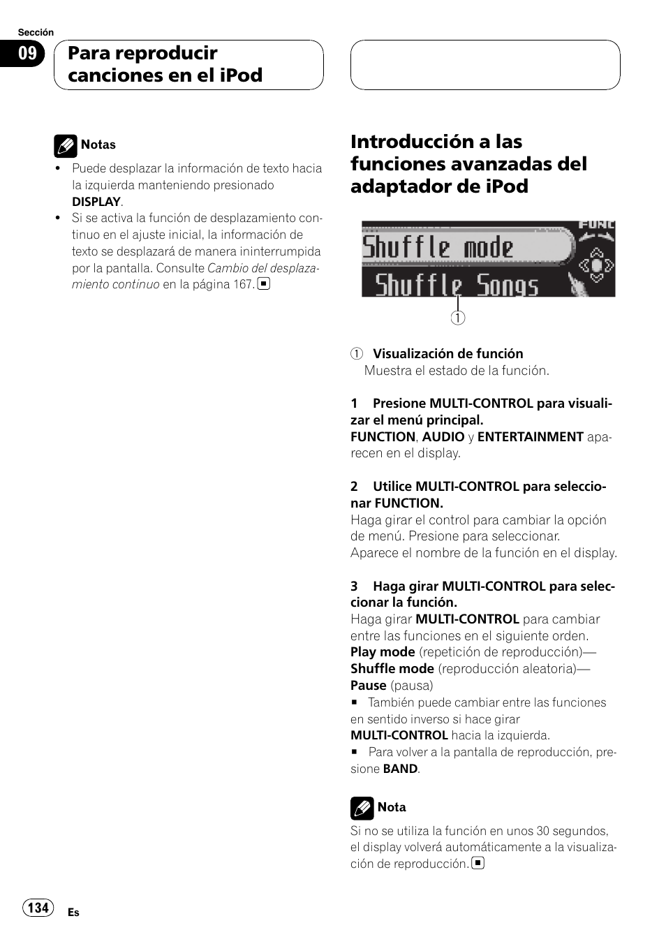 Introducción a las funciones avanzadas del, Adaptador de ipod, Para reproducir canciones en el ipod | Pioneer DEH-P88RS-II User Manual | Page 134 / 180