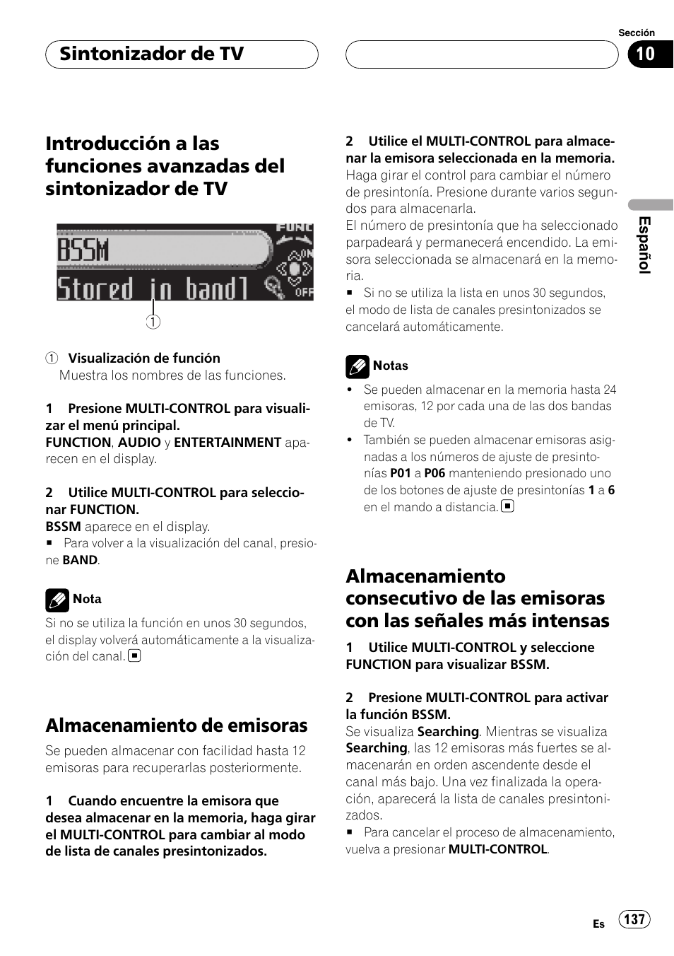 Introducción a las funciones avanzadas del, Sintonizador de tv, Almacenamiento de emisoras | Almacenamiento consecutivo de las, Emisoras con las señales más intensas | Pioneer DEH-P88RS-II User Manual | Page 137 / 180