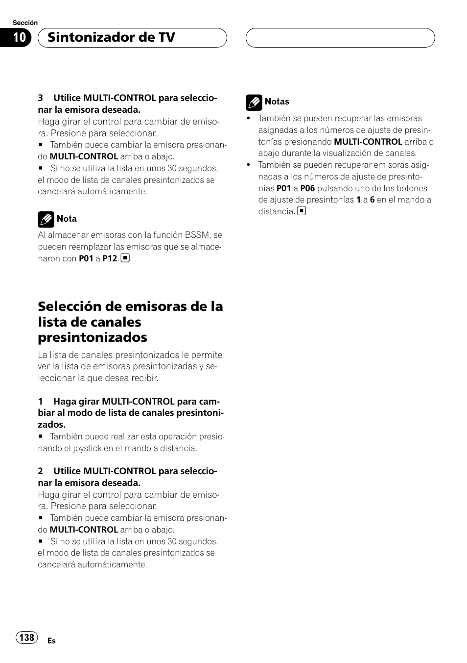 Selección de emisoras de la lista de canales, Presintonizados, Sintonizador de tv | Pioneer DEH-P88RS-II User Manual | Page 138 / 180