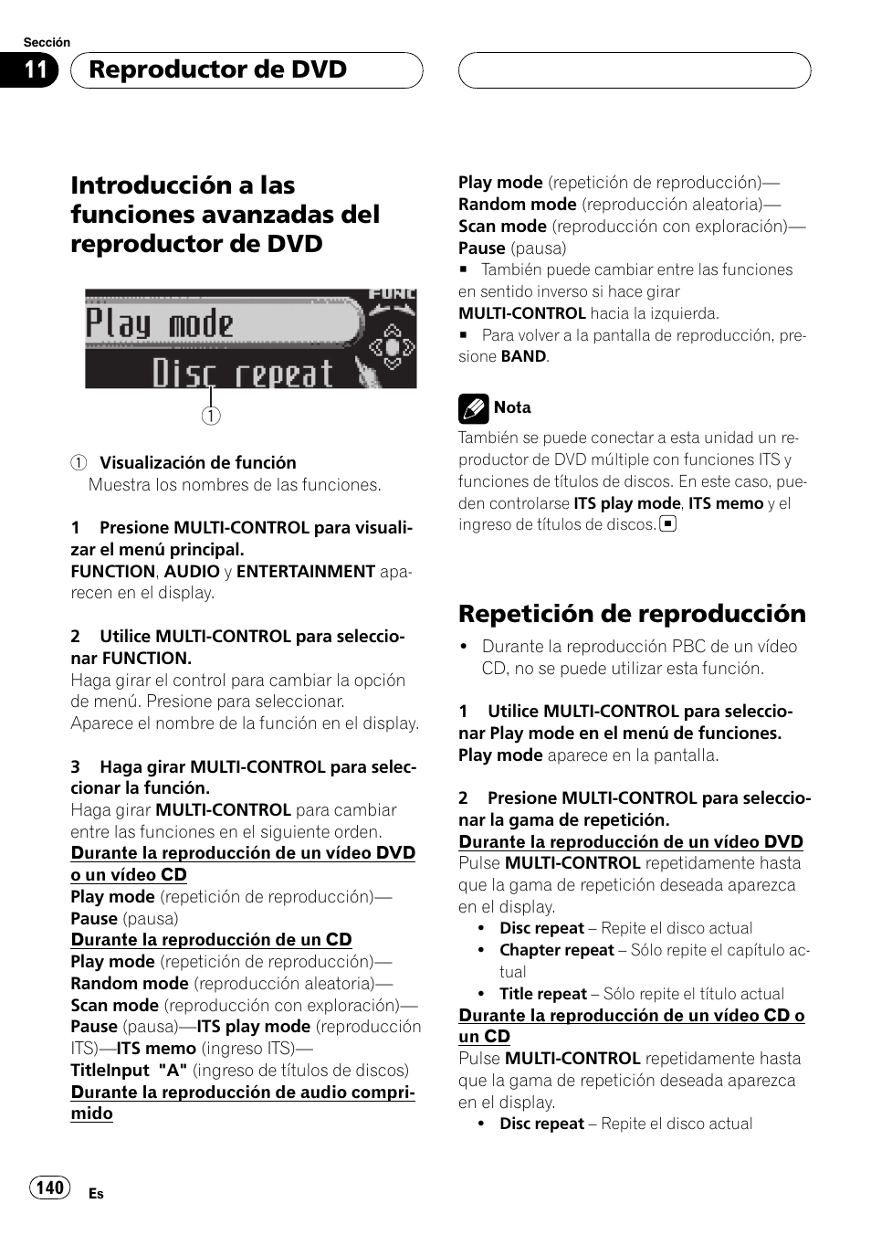 Introducción a las funciones avanzadas del, Reproductor de dvd, Repetición de reproducción | Pioneer DEH-P88RS-II User Manual | Page 140 / 180