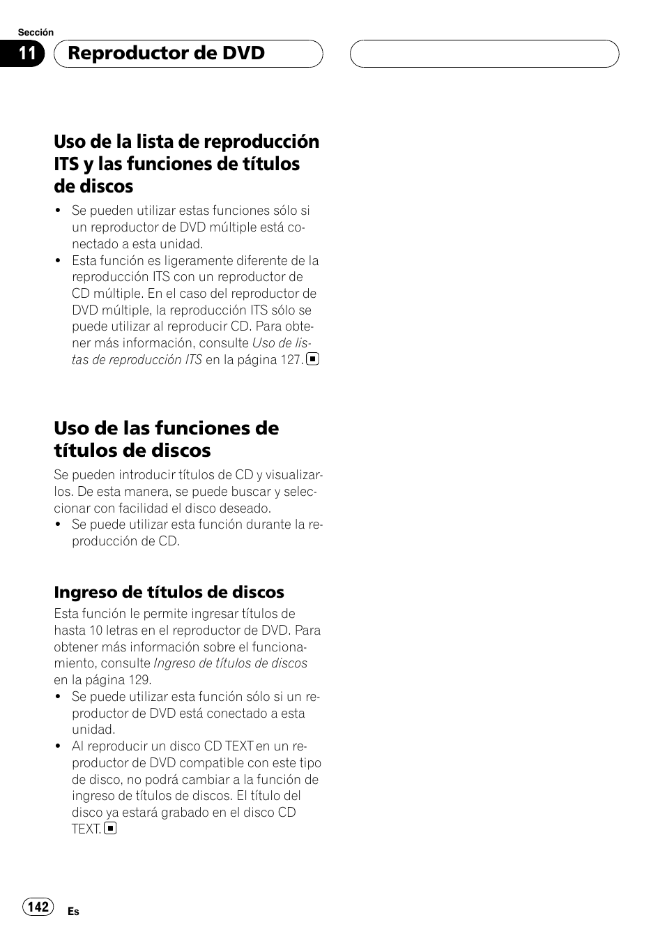 Uso de la lista de reproducción its y las, Funciones de títulos de discos, Uso de las funciones de títulos de | Discos, Ingreso de títulos de discos 142, Uso de las funciones de títulos de discos, Reproductor de dvd | Pioneer DEH-P88RS-II User Manual | Page 142 / 180