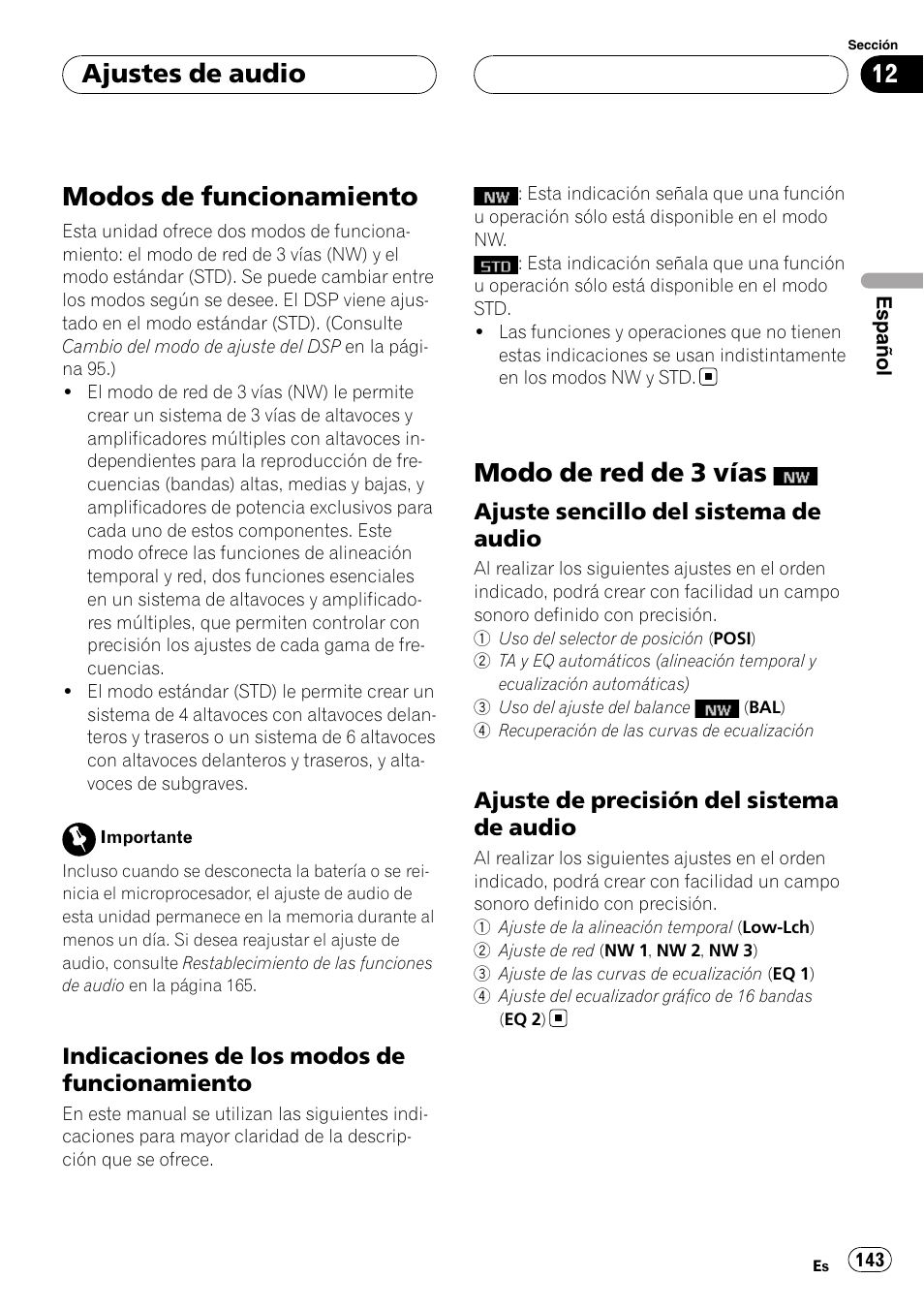 Ajustes de audio modos de funcionamiento, Indicaciones de los modos de, Funcionamiento | Modo de red de 3 vías, Ajuste sencillo del sistema de, Audio, Ajuste de precisión del sistema de, Modos de funcionamiento, Ajustes de audio | Pioneer DEH-P88RS-II User Manual | Page 143 / 180