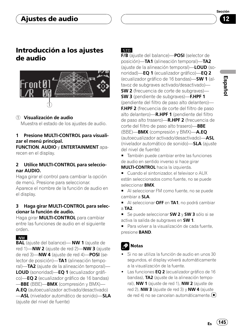 Introducción a los ajustes de audio, Ajustes de audio | Pioneer DEH-P88RS-II User Manual | Page 145 / 180