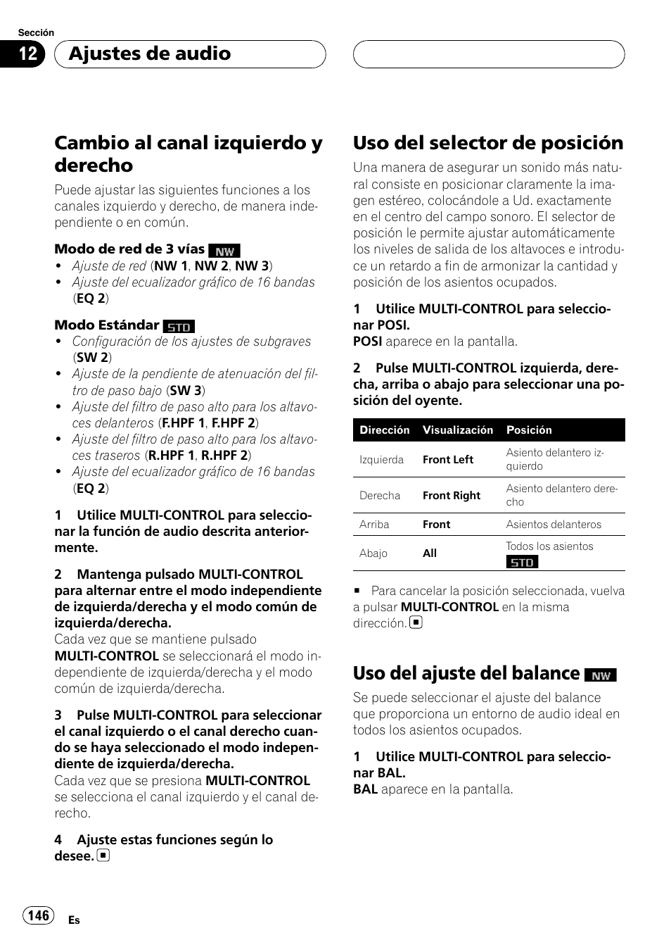 Cambio al canal izquierdo y derecho, Uso del selector de posición, Uso del ajuste del balance | Ajustes de audio | Pioneer DEH-P88RS-II User Manual | Page 146 / 180