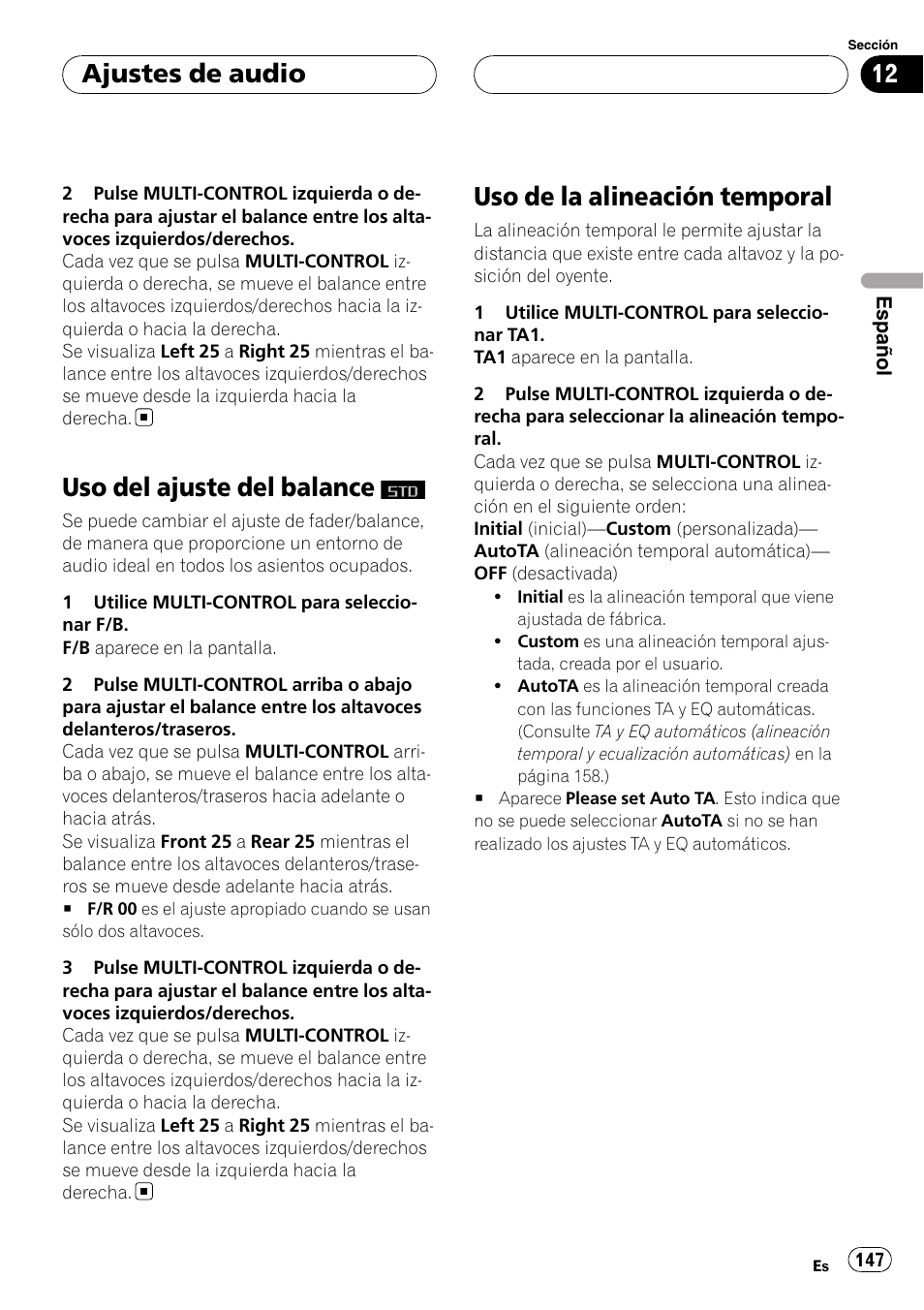 Uso del ajuste del balance, Uso de la alineación temporal, Ajustes de audio | Pioneer DEH-P88RS-II User Manual | Page 147 / 180