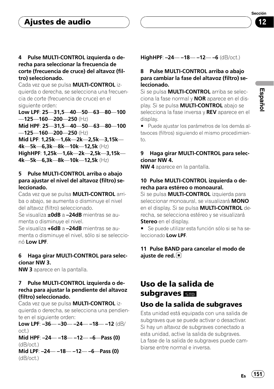 Uso de la salida de subgraves, Uso de la salida de subgraves 151, Ajustes de audio | Pioneer DEH-P88RS-II User Manual | Page 151 / 180