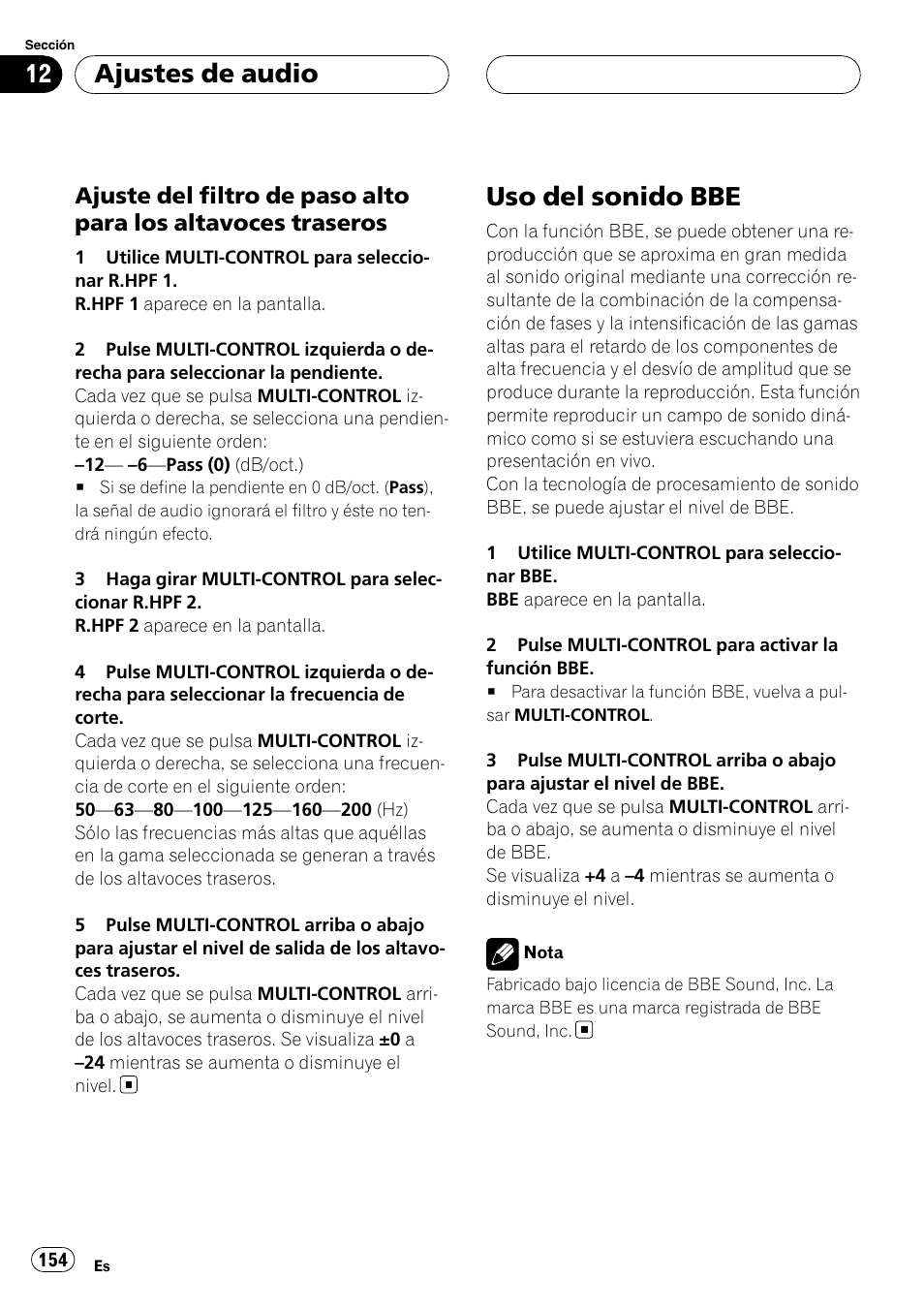 Ajuste del filtro de paso alto para los, Altavoces traseros, Uso del sonido bbe | Ajuste del filtro de paso alto para los altavoces, Traseros, Ajuste del filtro de paso alto para los altavo, Ces traseros, Ajustes de audio | Pioneer DEH-P88RS-II User Manual | Page 154 / 180