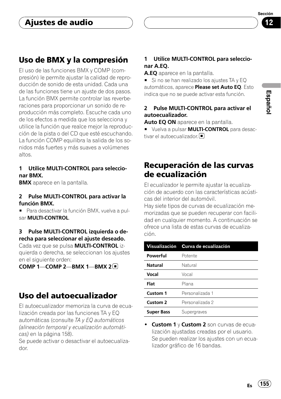 Uso de bmx y la compresión, Uso del autoecualizador, Recuperación de las curvas de | Ecualización, Recuperación de las curvas de ecualización, Ajustes de audio | Pioneer DEH-P88RS-II User Manual | Page 155 / 180