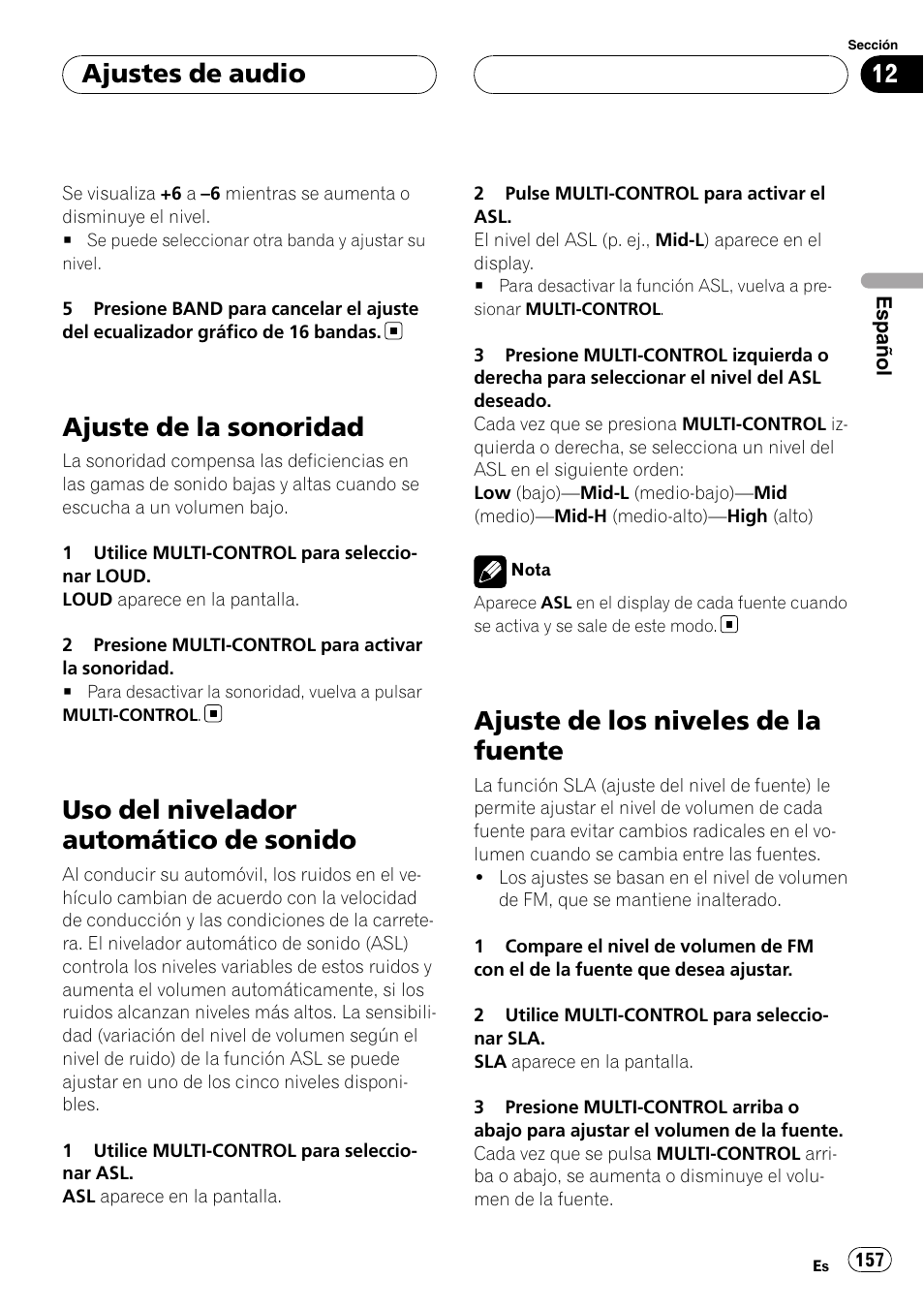 Ajuste de la sonoridad, Uso del nivelador automático de sonido, Ajuste de los niveles de la fuente | Ajustes de audio | Pioneer DEH-P88RS-II User Manual | Page 157 / 180